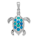 Sterling Silver Rhod-plated Created Blue Opal Inlay/CZ Tortoise Pendant, 34 x 24 mm