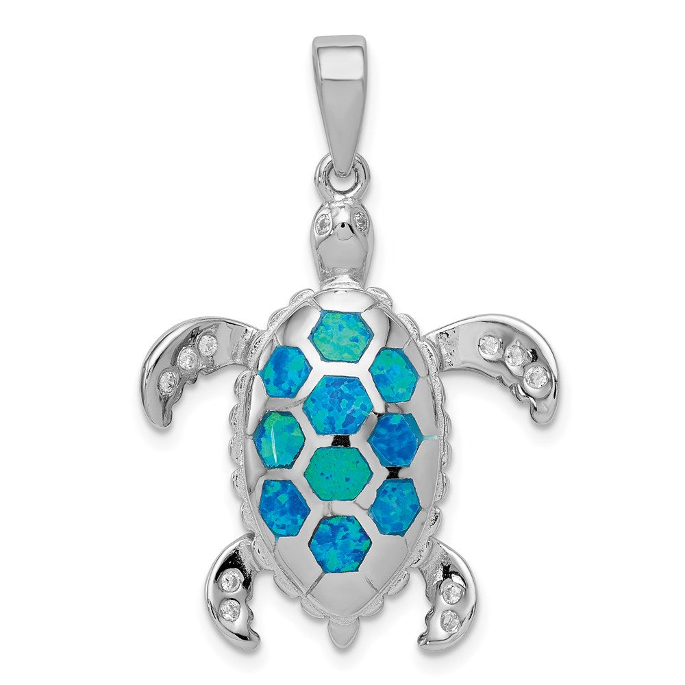 Sterling Silver Rhod-plated Created Blue Opal Inlay/CZ Tortoise Pendant, 34 x 24 mm