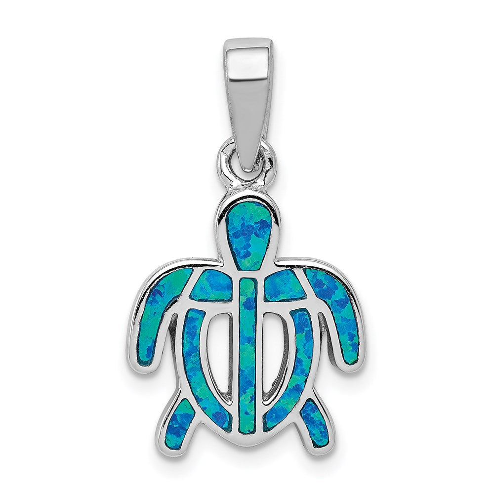 Sterling Silver Rhodium-plated Polished Created Blue Opal Inlay Tortoise Pendant, 24 x 15 mm