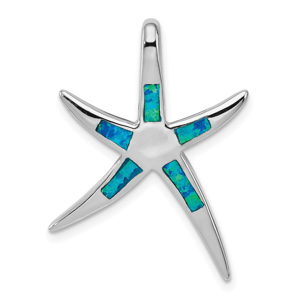 Sterling Silver Rhodium-plated Created Blue Opal Inlay Flat Starfish Slide, 28 x 15 mm