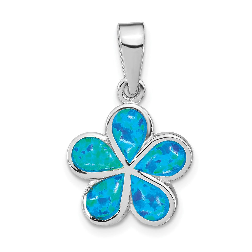 Sterling Silver Rhodium-plated Created Blue Inlay Opal Flower Pendant, 24.5 x 15 mm