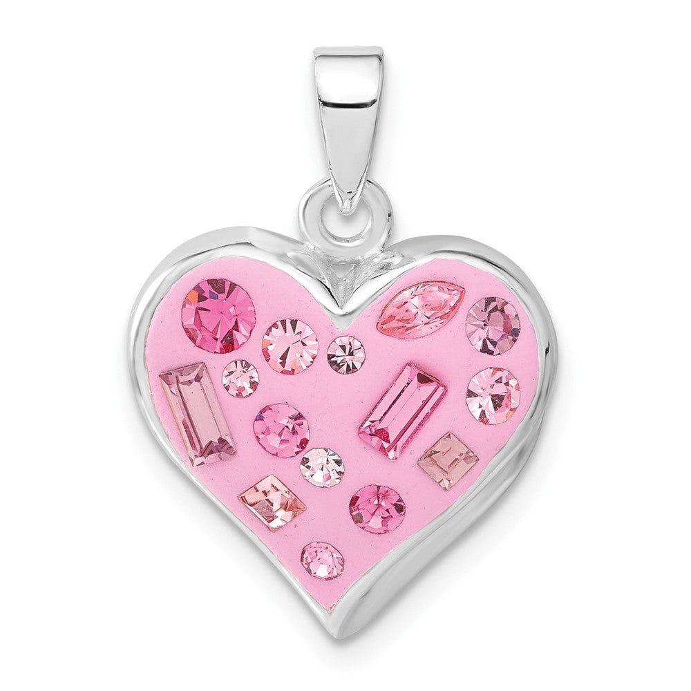 Sterling Silver Pink Stellux Crystal & Enameled Heart Pendant, 24 x 17.7 mm