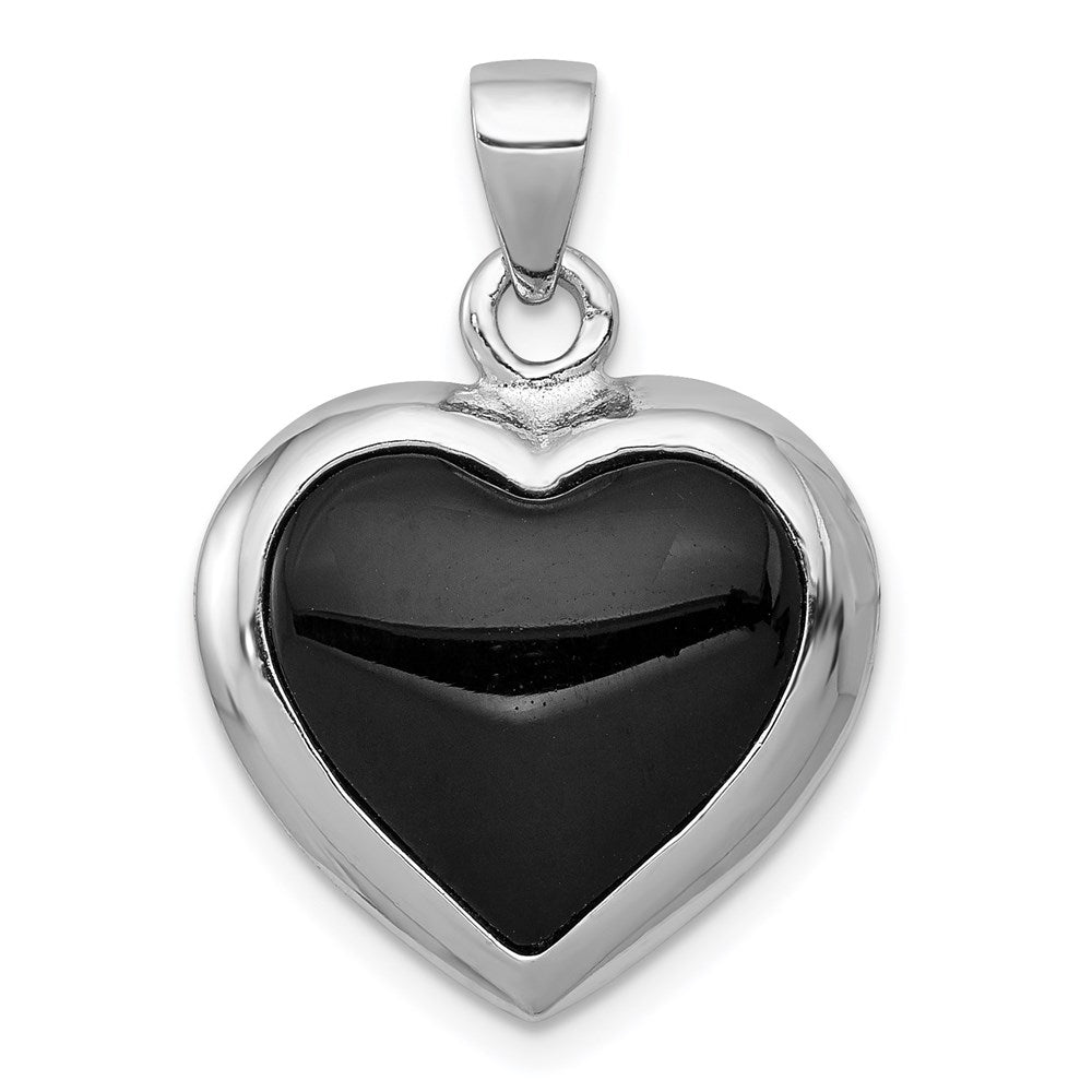 Sterling Silver Rhod-pltd Onyx/Mother of Pearl Reversible Heart Pendant, 30 x 19 mm