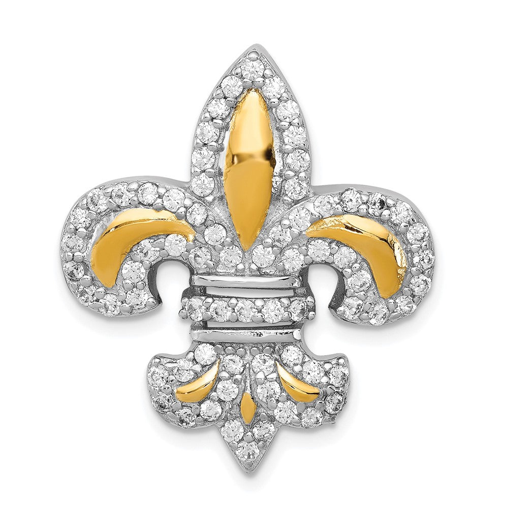 Sterling Silver CZ Fleur de Lis w/ Flash Gold-Plated Chain Slide Pendant, 28 x 25 mm