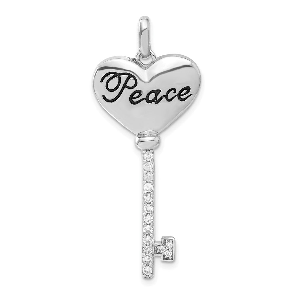 Sterling Silver Polished & Antiqued CZ Peace Heart Key Pendant, 48 x 19.4 mm