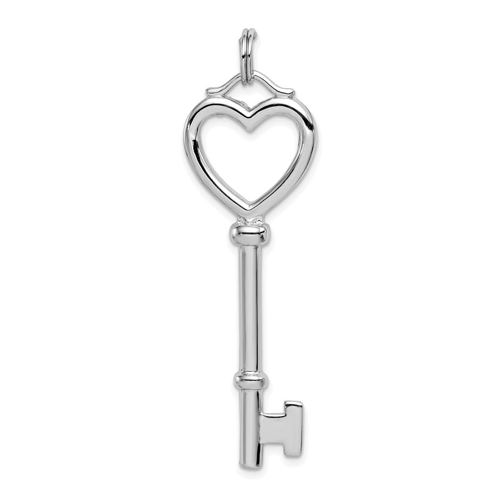 Sterling Silver Rhodium-plated Open Heart Top Large Key Pendant, 52 x 16 mm