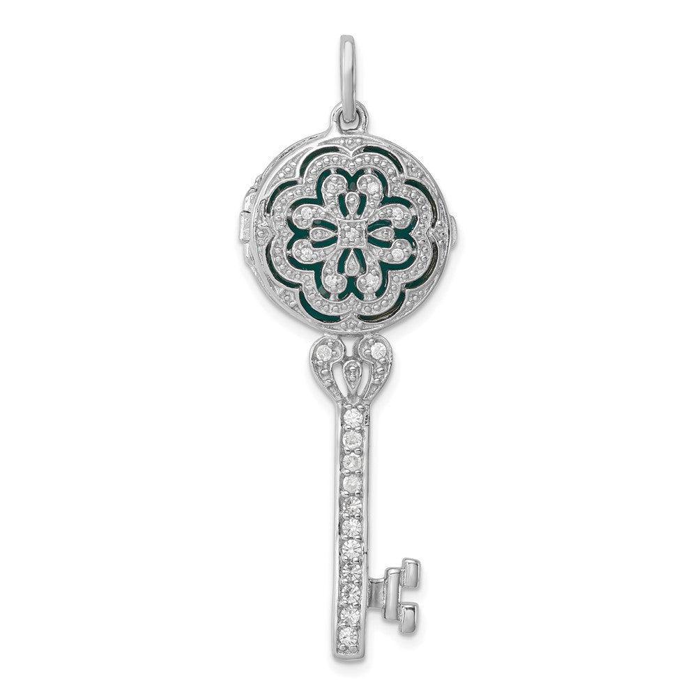 Sterling Silver Rhodium-plated CZ Filigree Enameled Top Key Locket Pendant, 48 x 17 mm