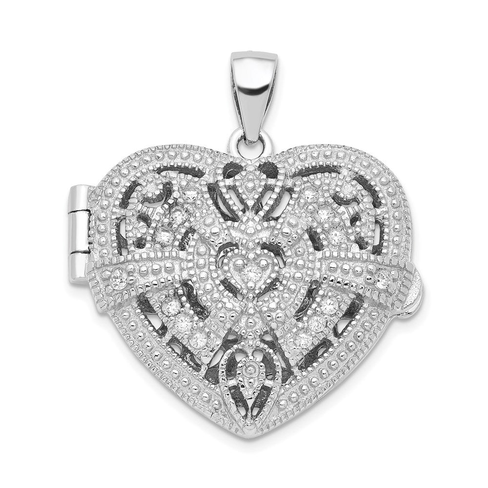 Sterling Silver Rhodium-plated CZ Fancy Design Heart 22mm Locket Pendant, 27 x 24.3 mm