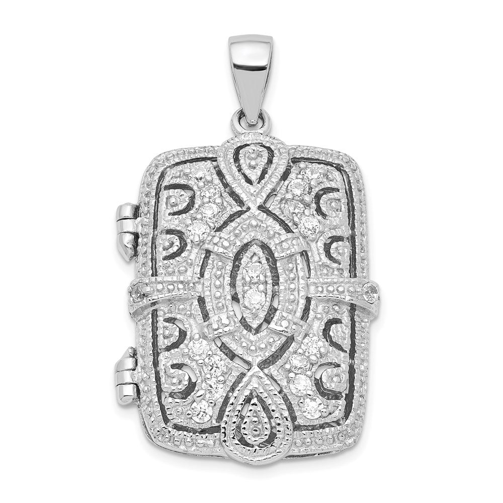 Sterling Silver Rhodium-plated Fancy CZ Rectangle 24mm Locket Pendant, 32.4 x 18.8 mm