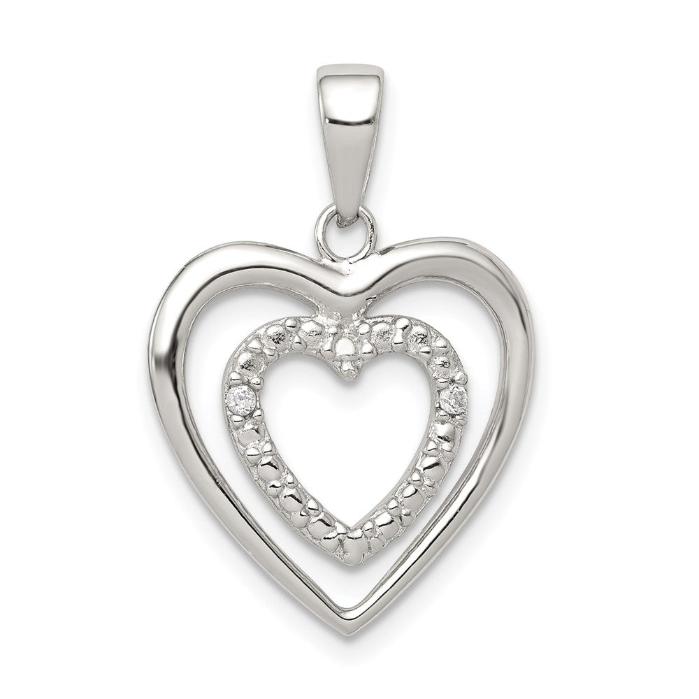 Sterling Silver Rhodium Plated Polished and CZ Double Heart Pendant, 24 x 18 mm