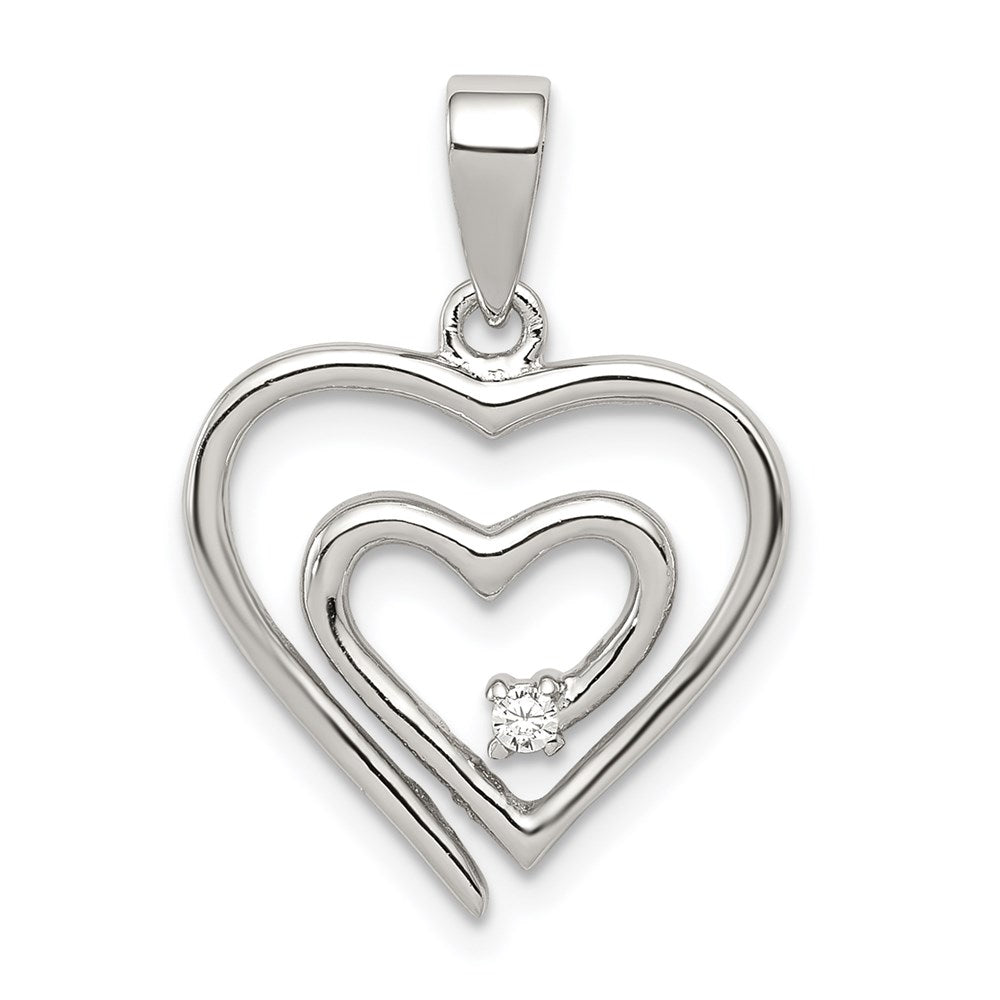 Sterling Silver Rhodium-plated Single CZ Fancy Heart Pendant, 23 x 17 mm