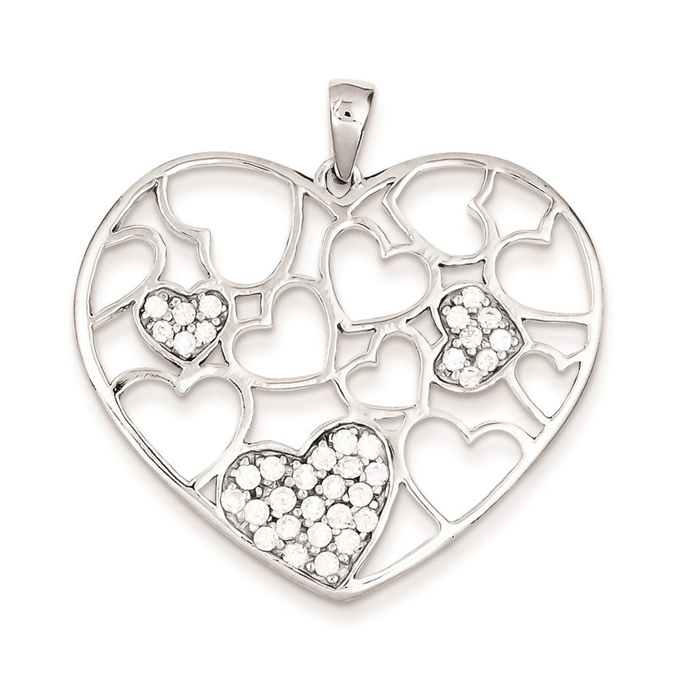 Sterling Silver Polished & CZ Hearts Pendant, 35 x 35 mm