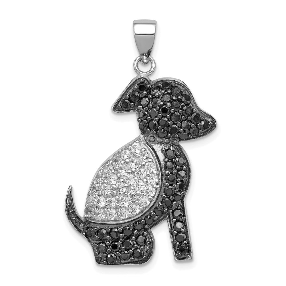 Sterling Silver Rhodium-plated Black and Clear CZ Dog Pendant, 35 x 23 mm