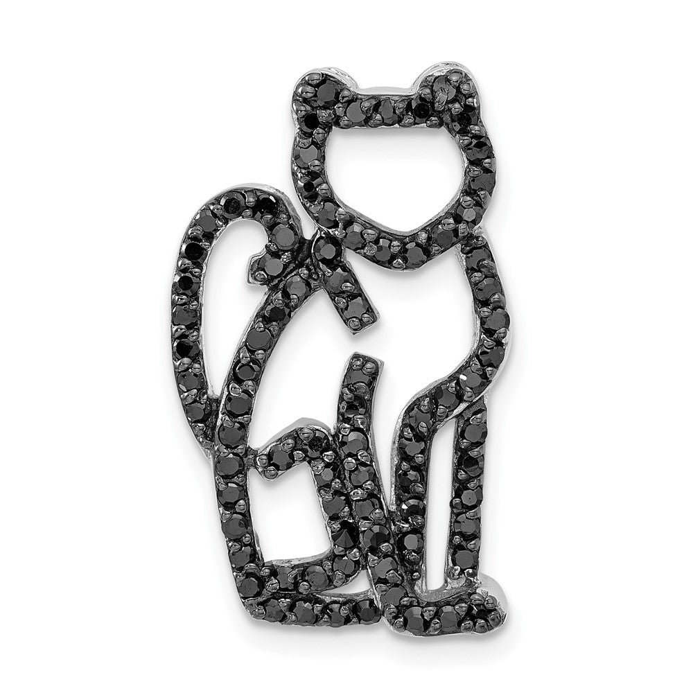 Sterling Silver Black Rhodium-Plated & Black CZ Cat Slide Pendant, 27 x 16 mm