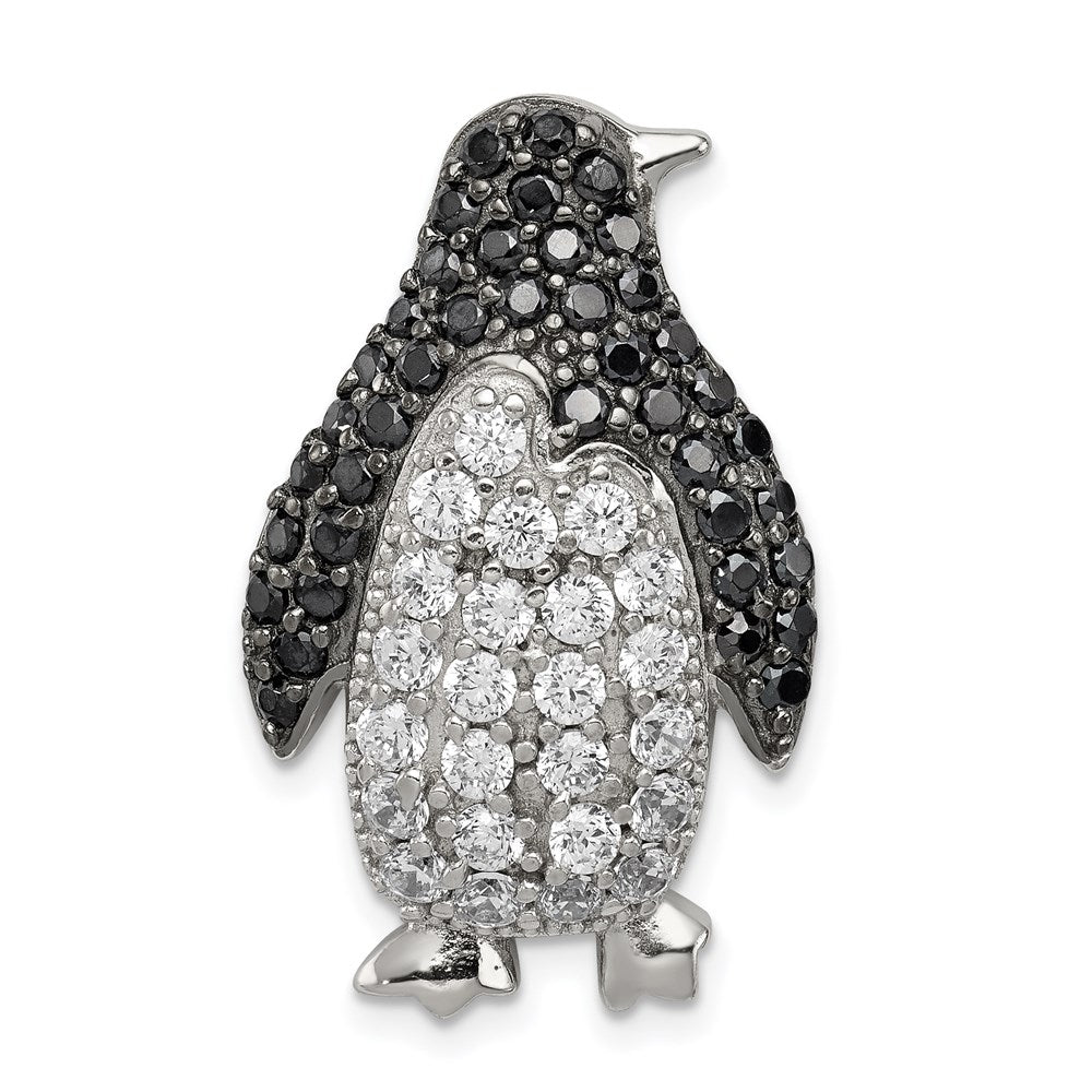Sterling Silver Rhodium-plated Black & White CZ Penguin Chain Slide, 29 x 18 mm