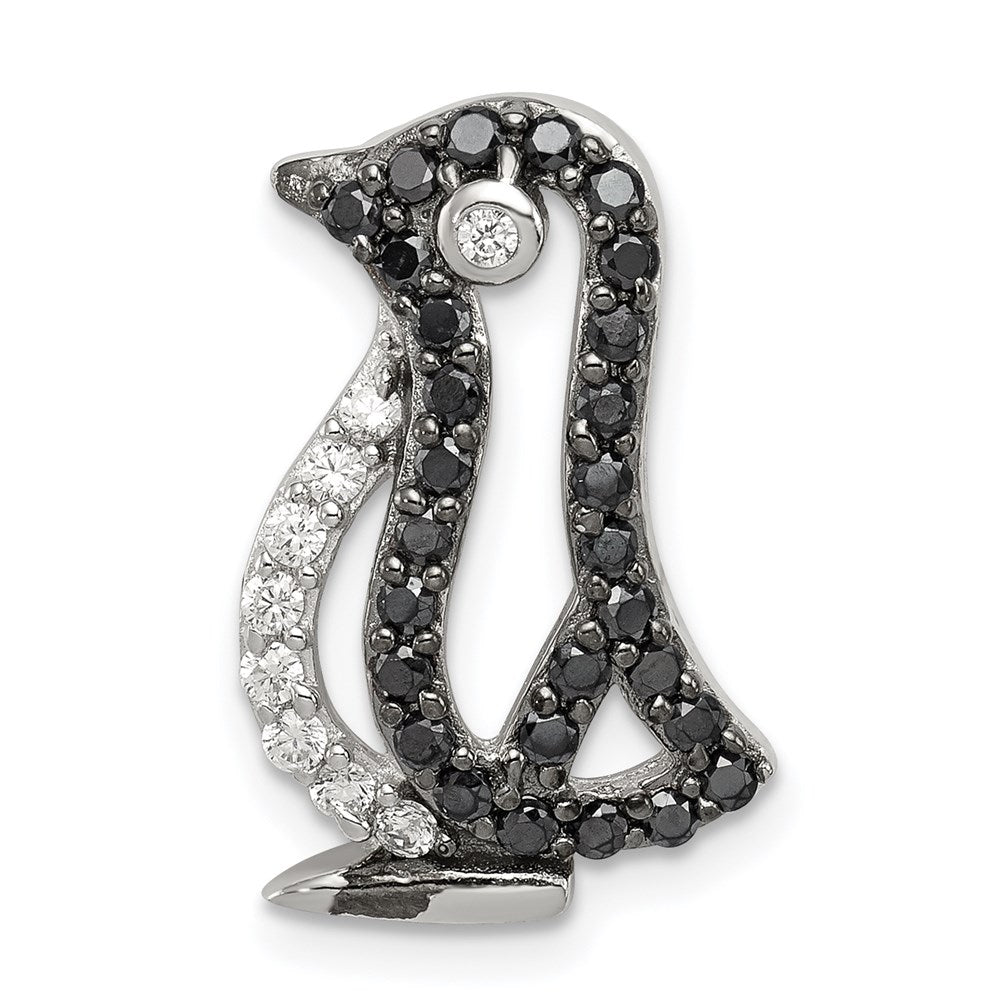 Sterling Silver Rhodium-plated Black and White CZ Penguin Chain Slide, 20 x 15 mm