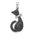 Sterling Silver Rhodium-plated Black & White CZ Cat with Bow Pendant, 35 x 15 mm