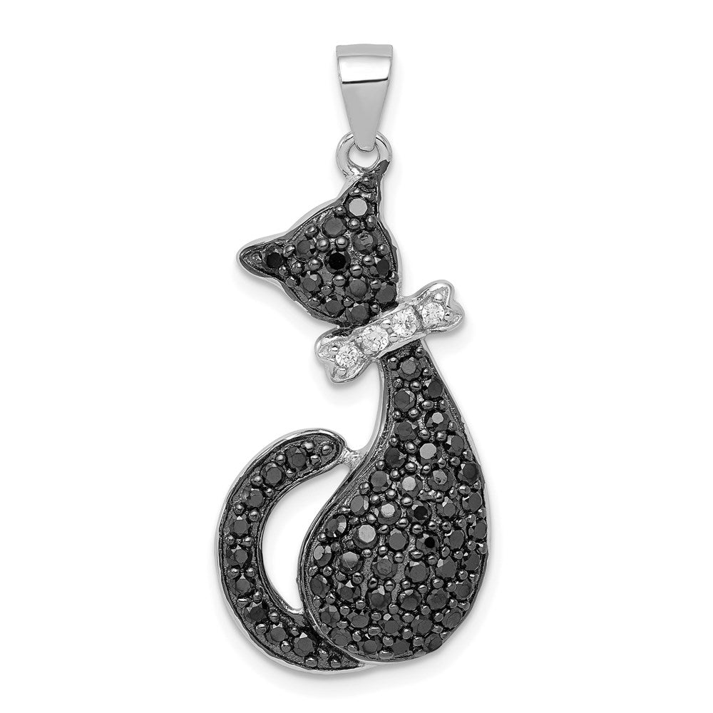 Sterling Silver Rhodium-plated Black & White CZ Cat with Bow Pendant, 35 x 15 mm