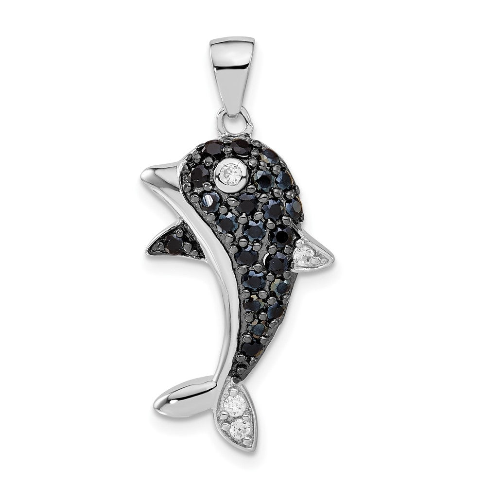 Sterling Silver Black & White CZ Dolphin Pendant, 33.8 x 16.2 mm