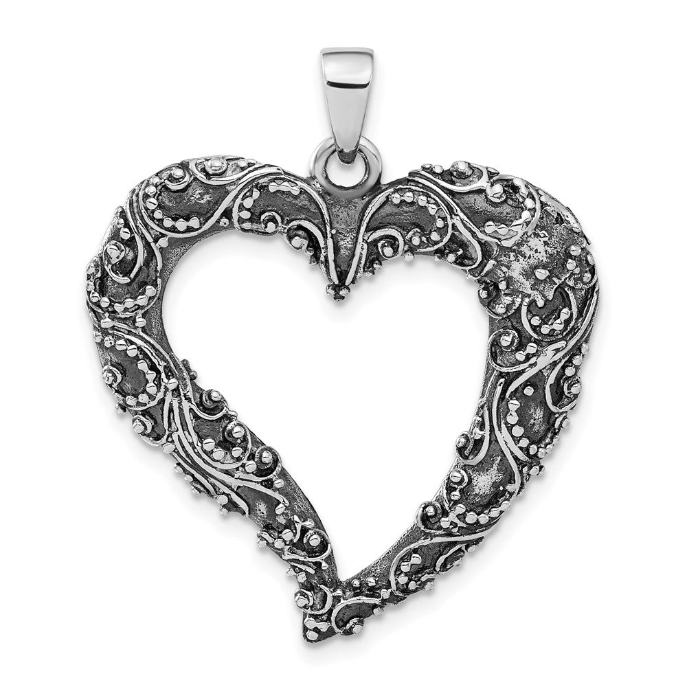 Sterling Silver Antiqued & Polished Heart Pendant, 37.5 x 31.9 mm