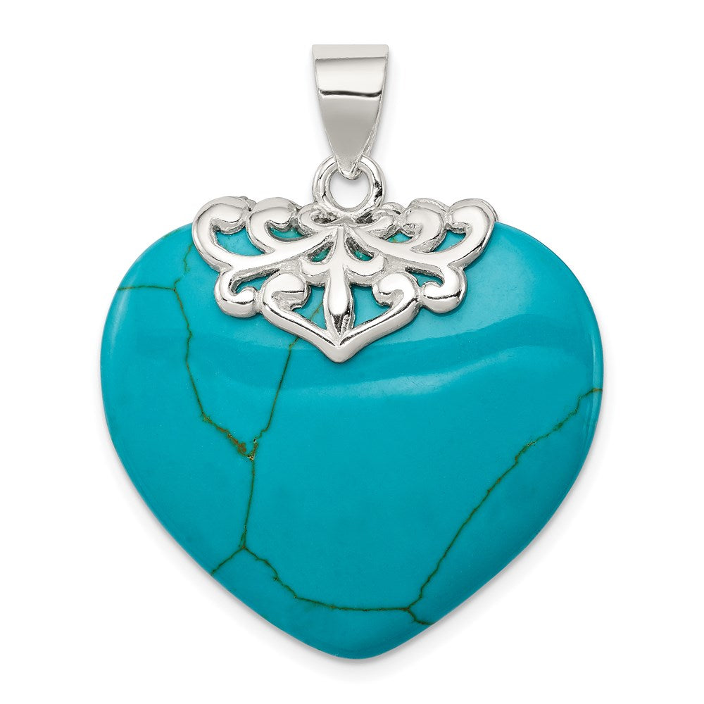 Sterling Silver Rhodium-plated Turquoise Heart Stone Pendant, 33 x 28 mm