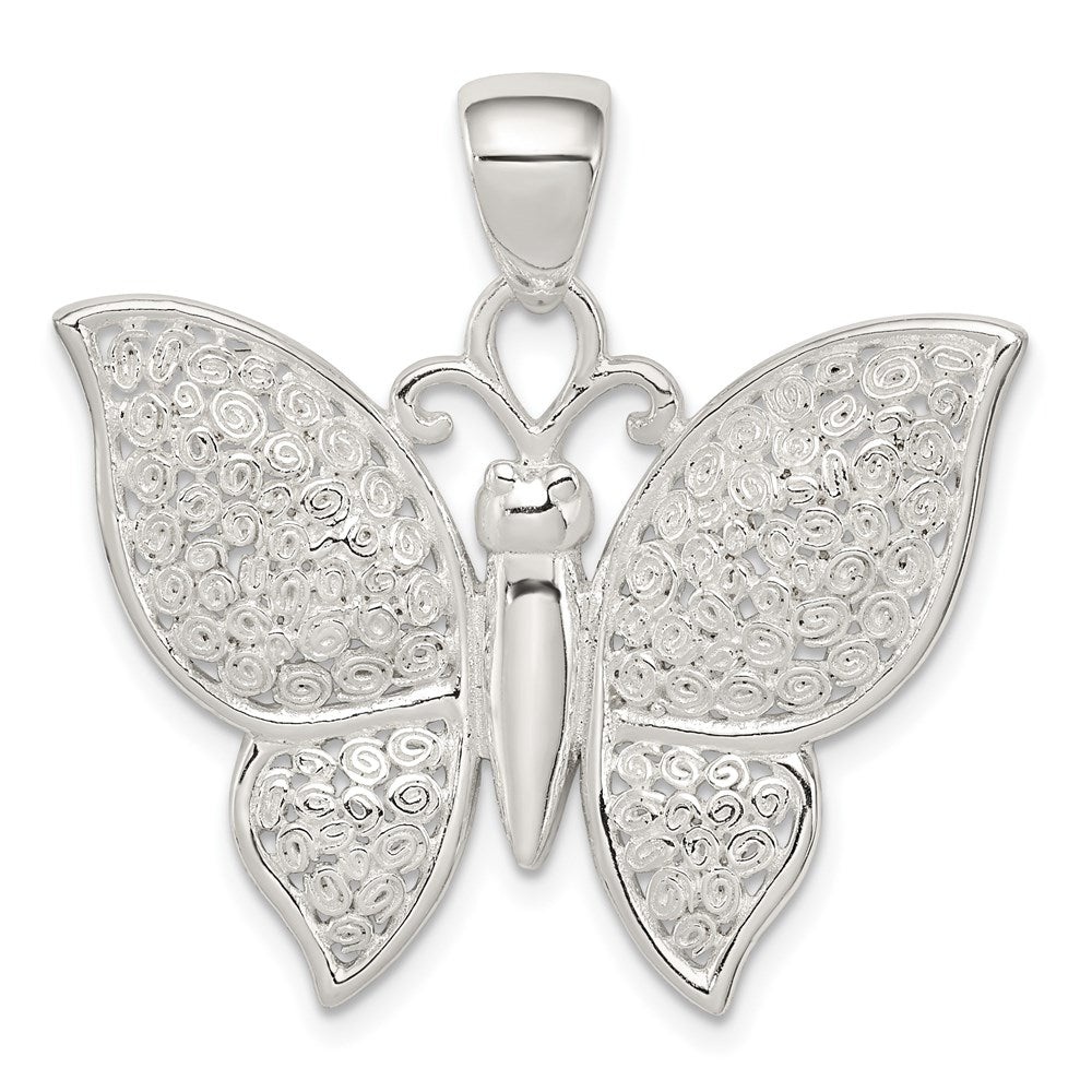 Sterling Silver Rhodium-plated Polished/Textured Butterfly Pendant, 30 x 30 mm