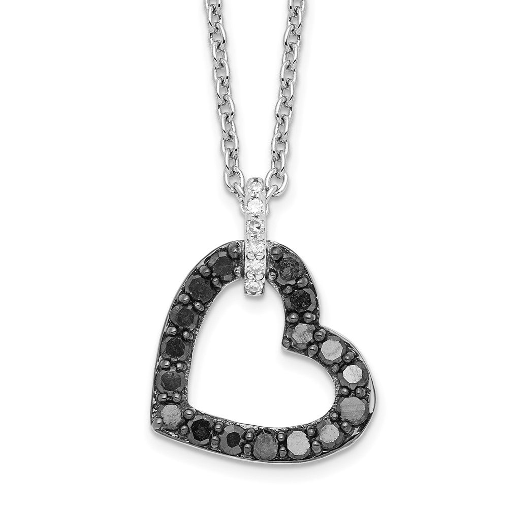 White Night Sterling Silver Rhodium-plated Black and White Diamond Heart Necklace with 2 Inch Extender, 0.495 ct, 18 x 13 mm