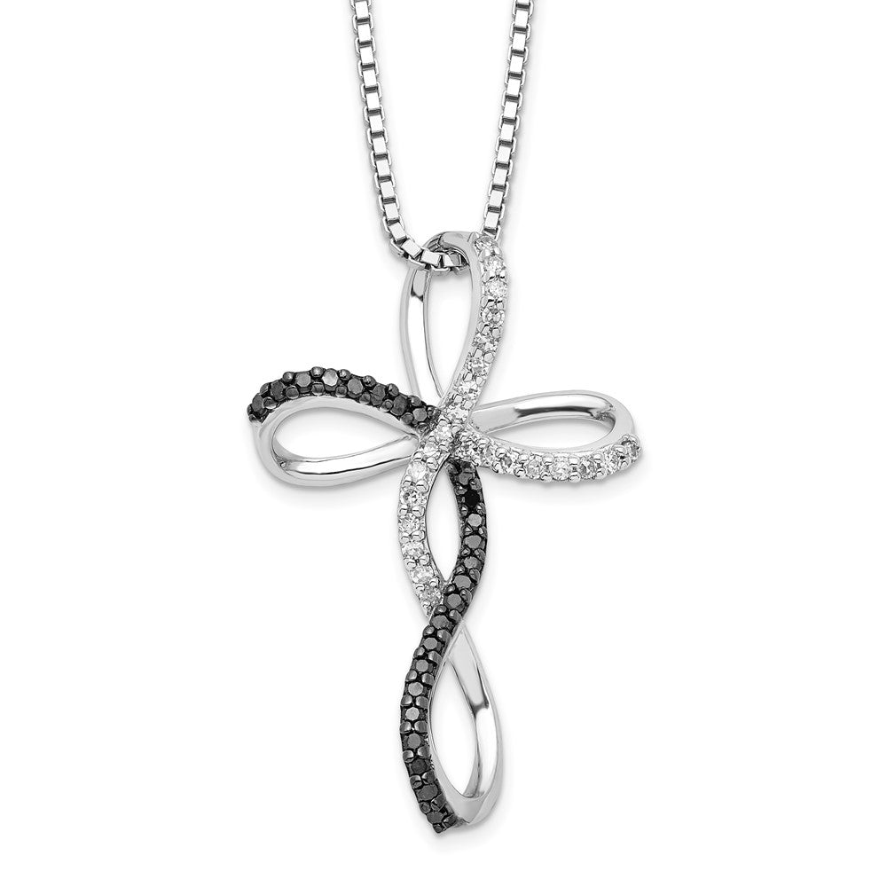 White Night Sterling Silver Rhodium-plated Black and White Diamond Cross 18 Inch Necklace with 2 Inch Extender, 0.24 ct, 18 x 20 mm
