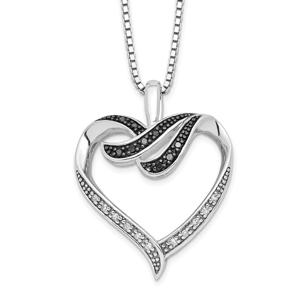 White Night Sterling Silver Rhodium-plated Black and White Diamond Heart 18 Inch Necklace with 2 Inch Extender, 0.1 ct, 18 x 20.5 mm