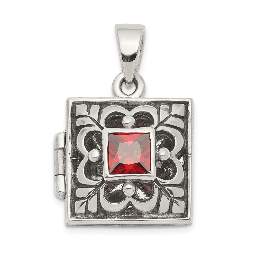 Sterling Silver Rhod-plated Polished/Antiqued Garnet Square 16mm Locket, 0.9 ct, 23.2 x 16.9 mm