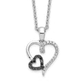 White Night Sterling Silver Rhodium-plated Black and White Diamond Double Heart 18 Inch Necklace with 2 Inch Extender, 0.13 ct, 18 x 13 mm