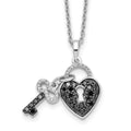 White Night Sterling Silver Rhodium-plated Black and White Diamond Heart and Key 18 Inch Necklace with 2 Inch Extender, 0.492 ct, 18 x 25 mm