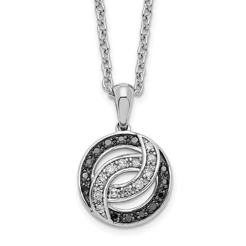 White Night Sterling Silver Rhodium-plated Black and White Diamond 18 Inch Necklace with 2 Inch Extender, 0.078 ct, 18 x 11 mm
