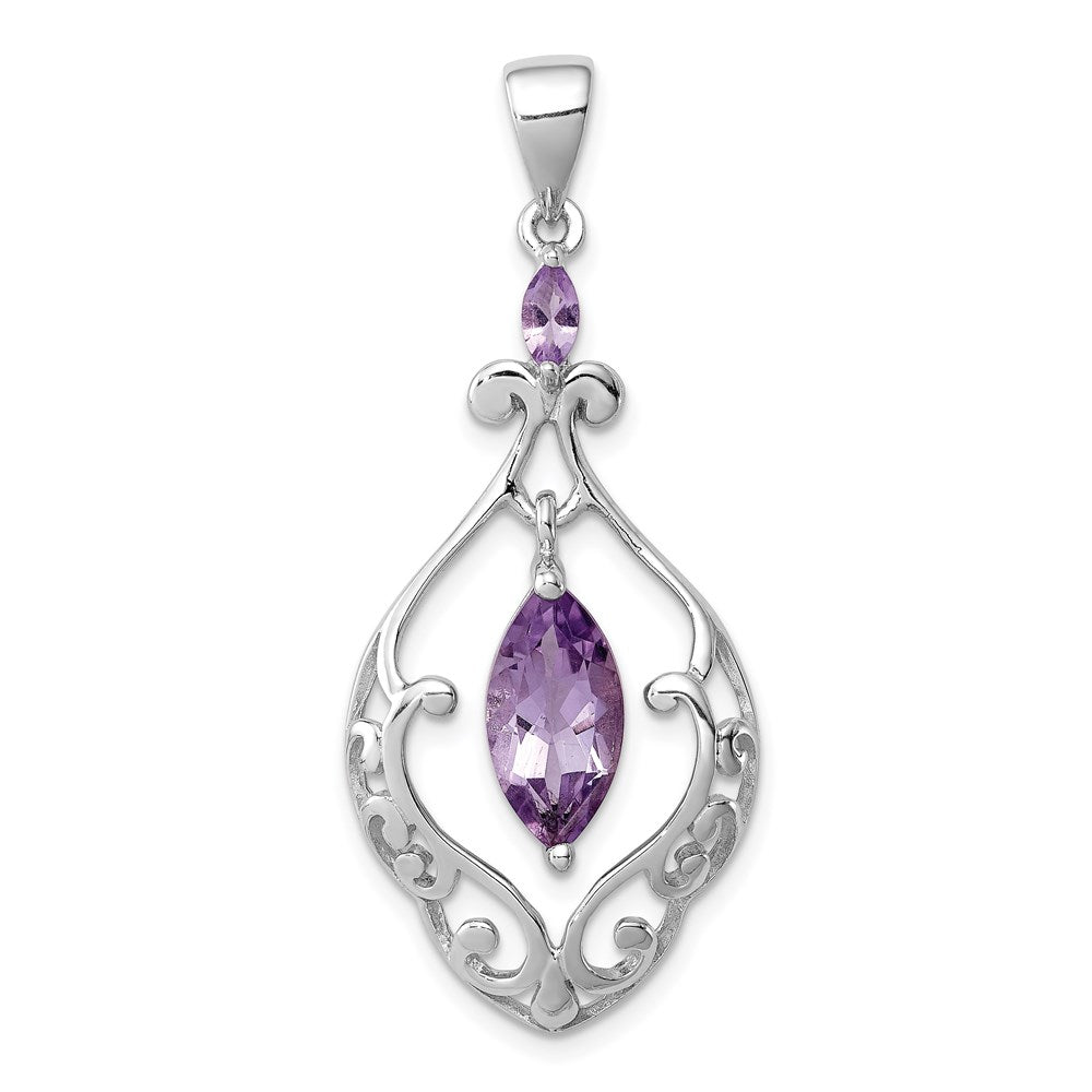 Sterling Silver Rhodium-plated Amethyst Fancy Pendant, 1.64 ct, 38 x 18 mm