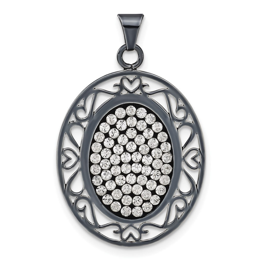 Sterling Silver Black Ceramic White Crystal Oval Pendant, 33.25 x 21.2 mm