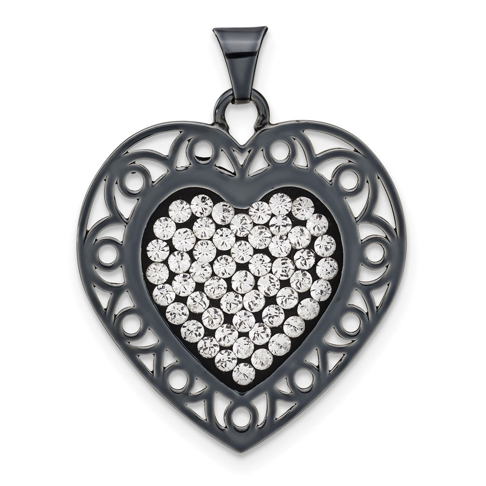 Sterling Silver Black Ceramic-plated Crystal Heart Pendant, 28.75 x 22.45 mm