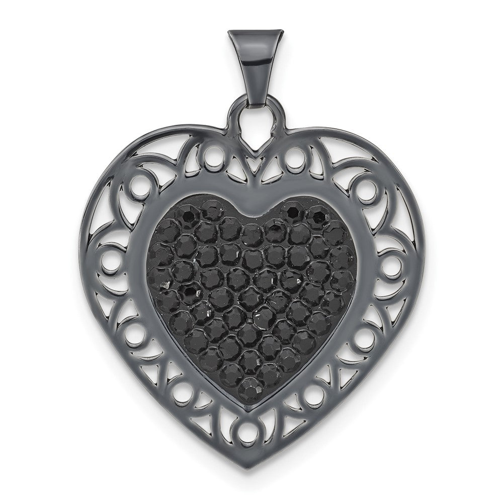 Sterling Silver Black Ceramic-plated Crystal Heart Pendant, 28.9 x 22.7 mm