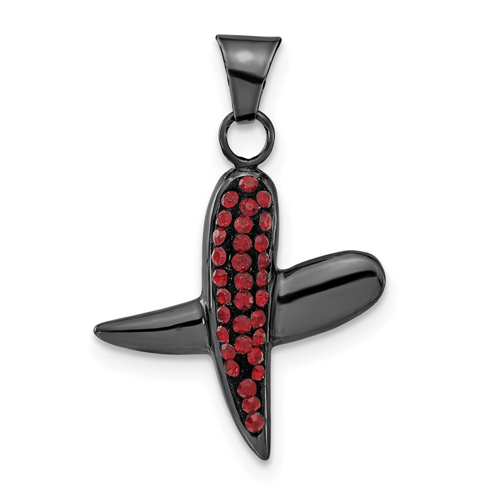 Sterling Silver Black Ceramic Red Crystal X Pendant, 24 x 15.4 mm