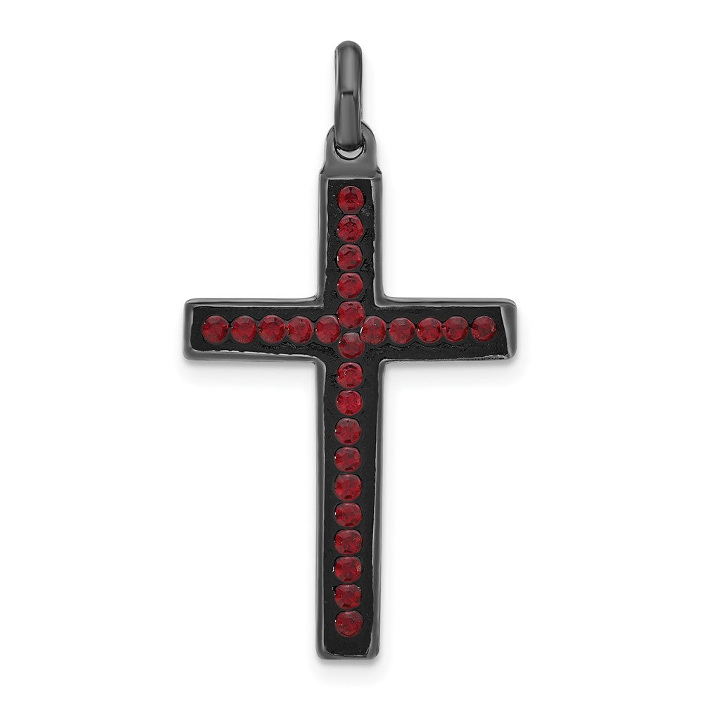 Sterling Silver Black Ceramic Red Crystal Cross Pendant, 35.5 x 19.15 mm