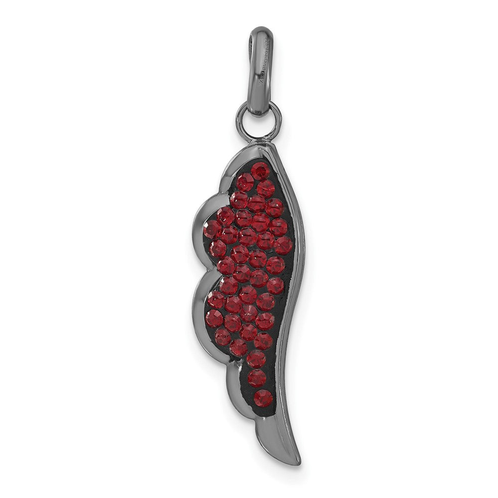 Sterling Silver Black Ceramic Red Crystal Wing Pendant, 31 x 8 mm