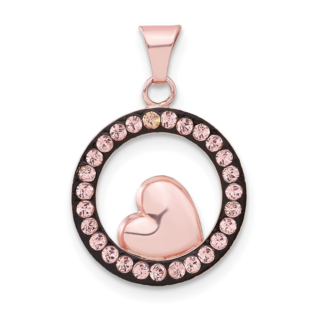 Sterling Silver Pink Ceramic Crystal Heart Circle Pendant, 22.25 x 15.25 mm