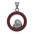 Sterling Silver Black Ceramic Red Crystal Heart Circle Pendant, 22.25 x 15.44 mm