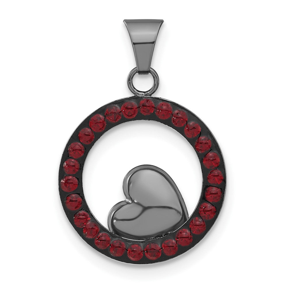 Sterling Silver Black Ceramic Red Crystal Heart Circle Pendant, 22.25 x 15.44 mm