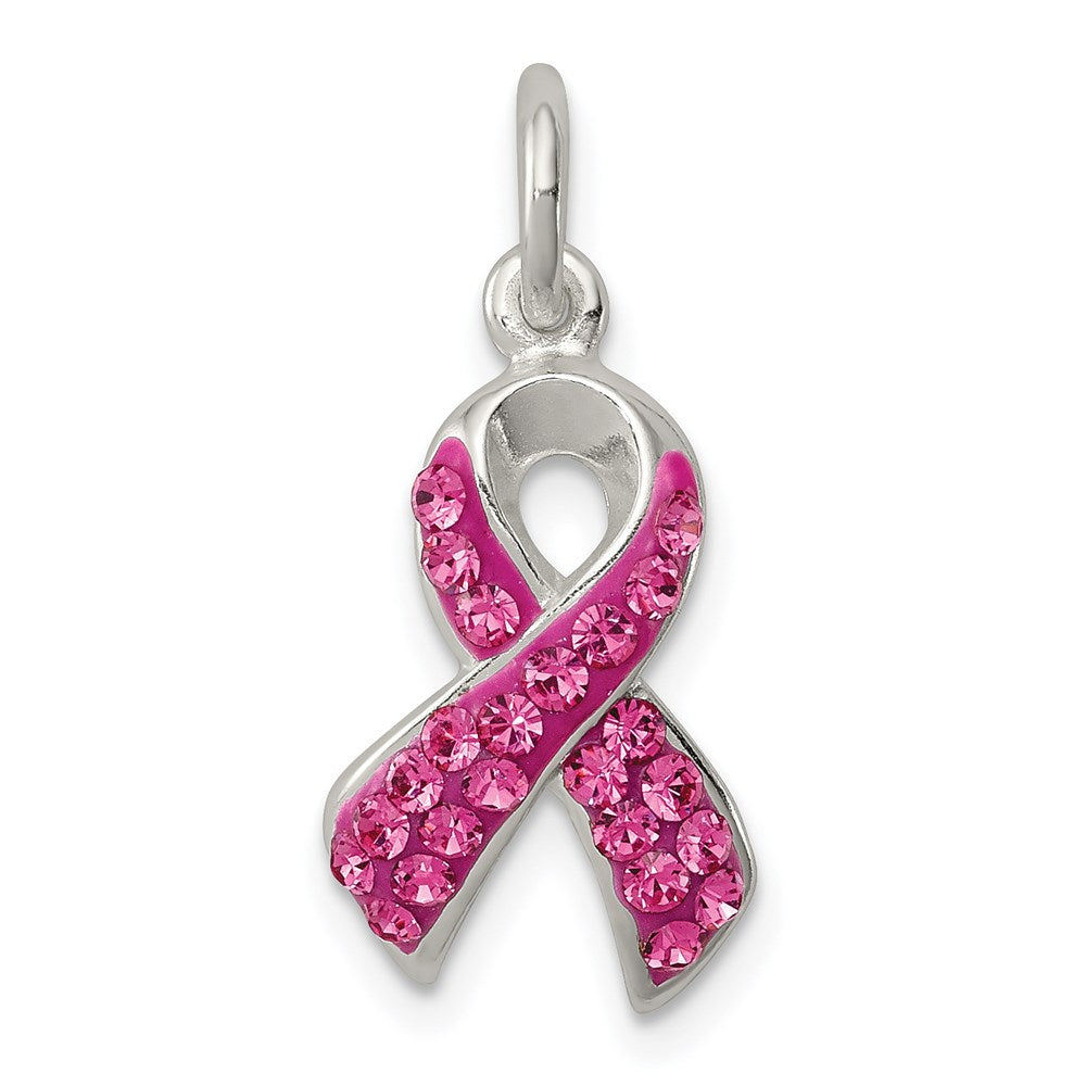Sterling Silver Stellux Crystal Pink Awareness Ribbon Pendant, 23.1 x 10 mm