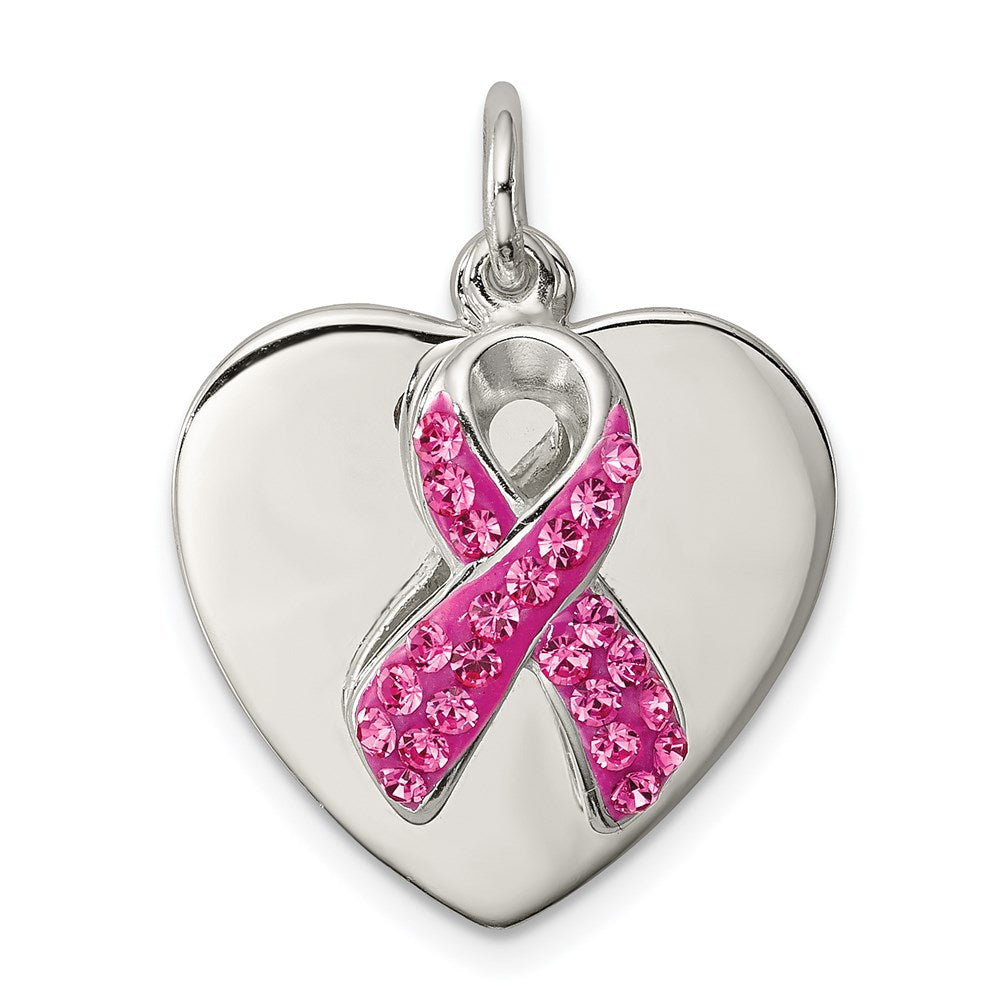 Sterling Silver Stellux Pink Awareness Ribbon w/ Heart Pendant, 20 x 19 mm
