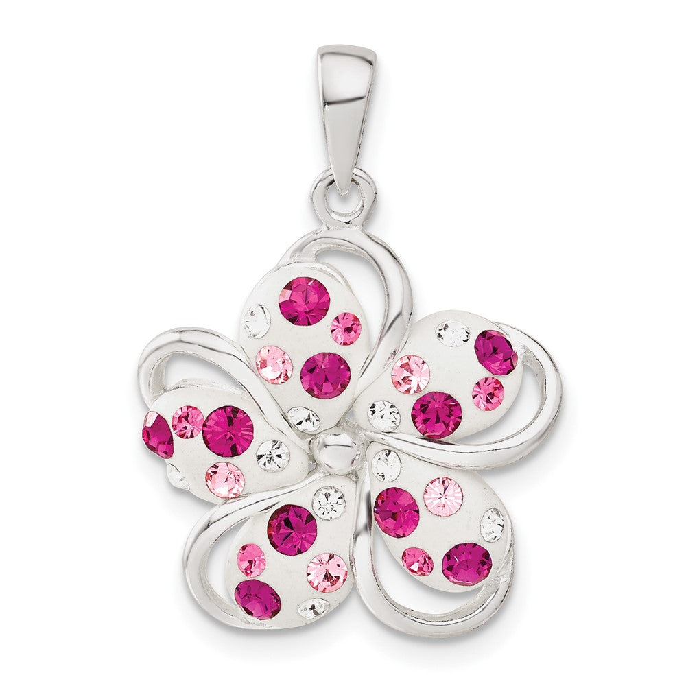 Sterling Silver Pink and White Stellux Crystal Flower Pendant, 27.7 x 20 mm