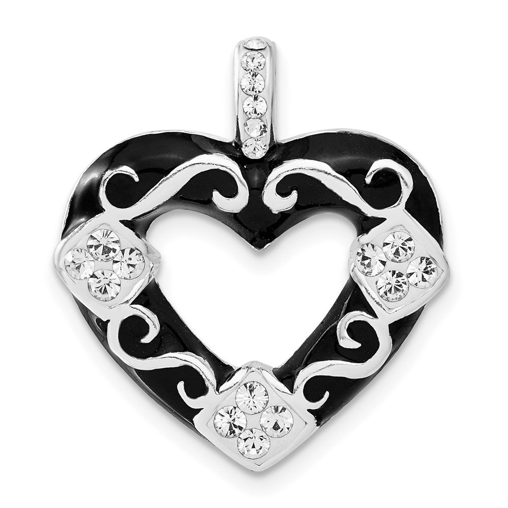 Sterling Silver Stellux Crystal/ Black Enamel Heart Pendant, 25.1 x 22.6 mm