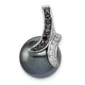 Sterling Silver Rhod-plated Blk/Wht CZ Blk Imitation Shell Pearl Pendant, 23 x 12 mm