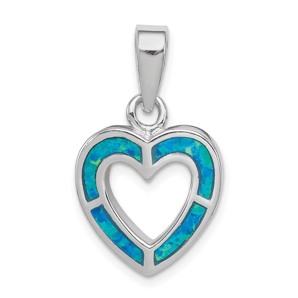 Sterling Silver Rhodium-plated Blue Inlay Created Opal Heart Pendant, 18 x 15 mm