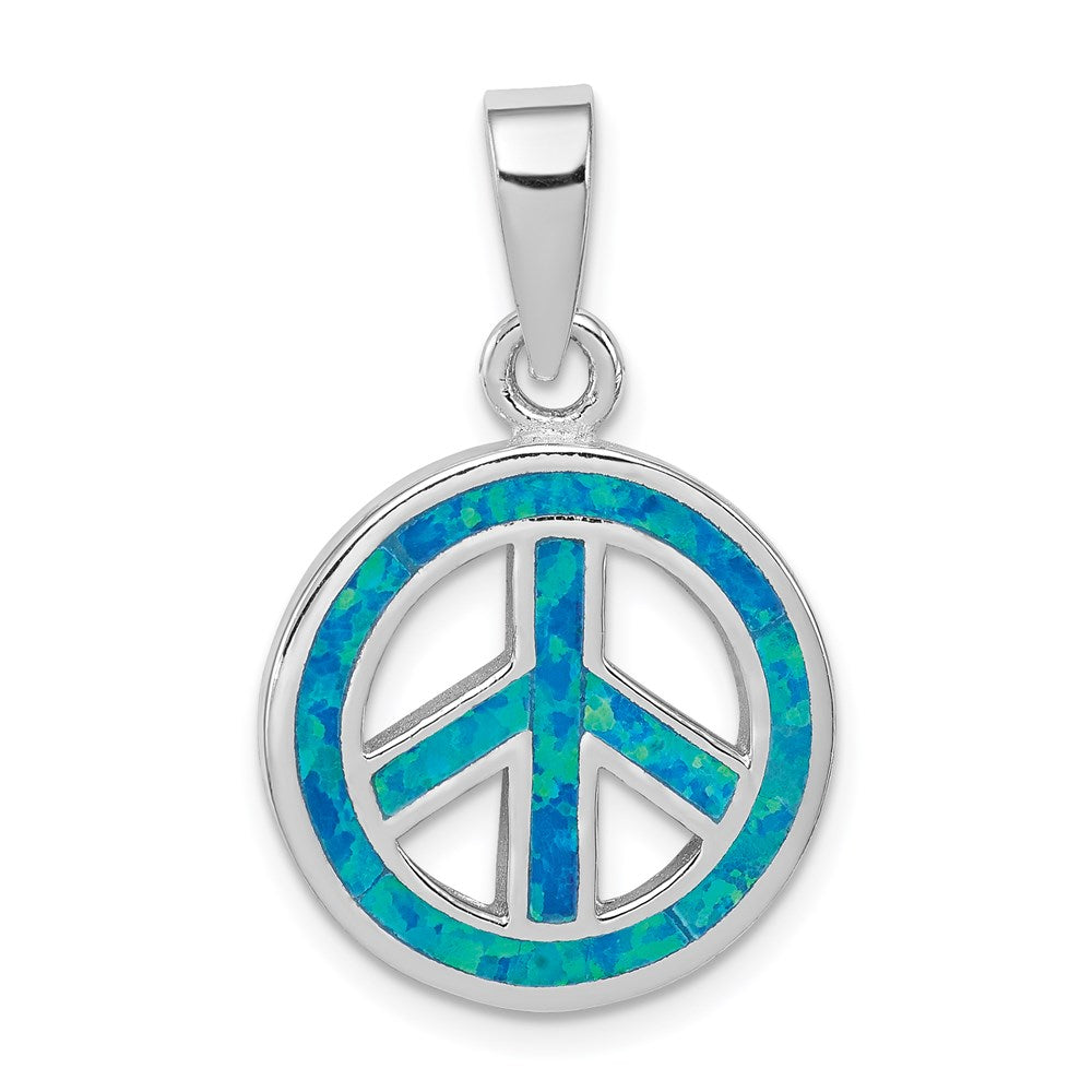 Sterling Silver Rhodium-plated Blue Inlay Created Opal Peace Sign Pendant, 21 x 17 mm